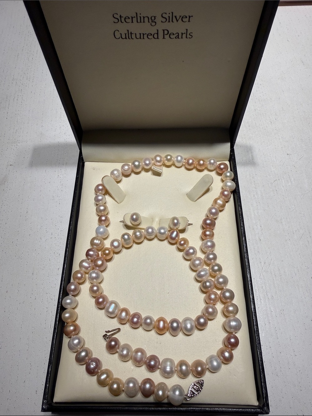 Cultured Pearl Necklace & Earrings Set - Multi-Color Pearls, Sterling Silver